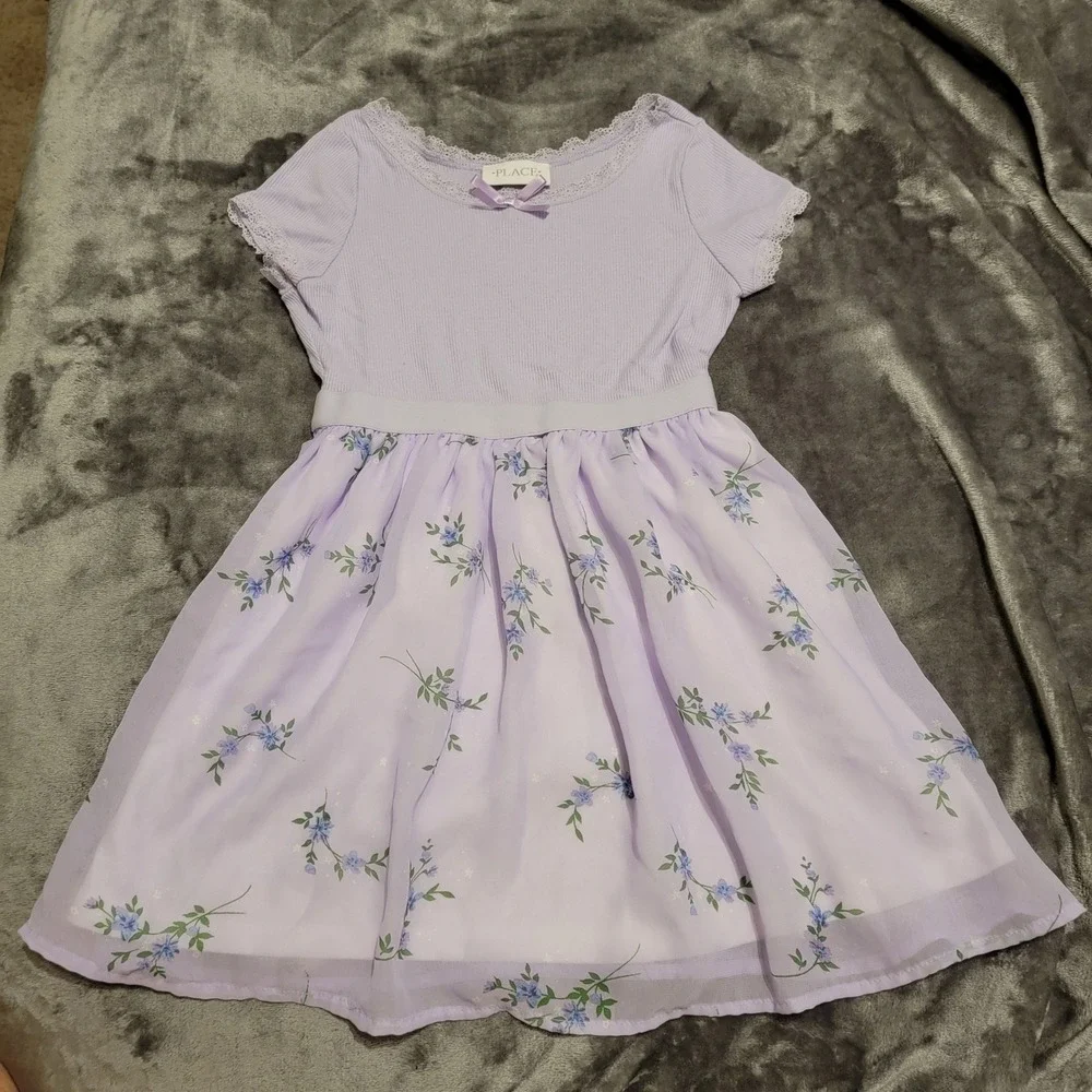 The Children's Place Skater Dress Girls 5/6 Purple Excellent Floral Lace Ribbed